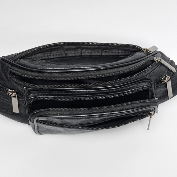 Vintage Black Leather Waist Bag with Adjustable Nylon Belt, Push Buckle, EUC - Picture 7 of 8
